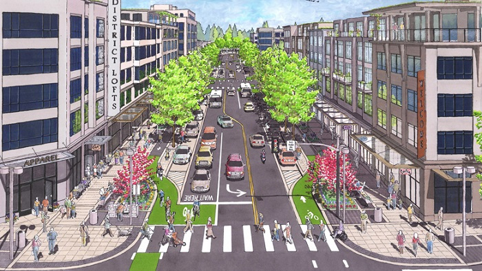 A fat street that tries to fit in as much as possible.  (Source)