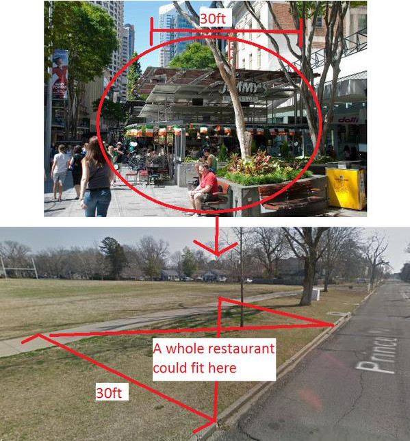 I took the bottom photo while walking down the street thinking about how I have seen businesses take up less space than width of the sidewalk and setback.