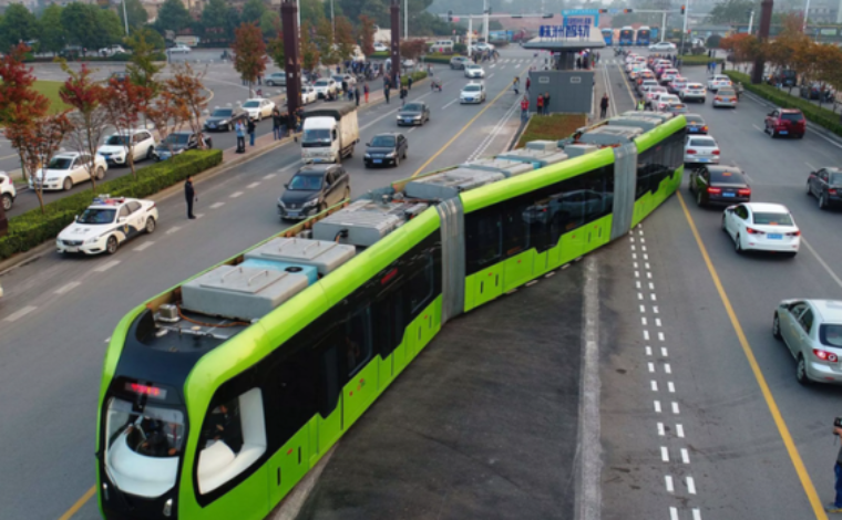 The battery-powered trackless tram, or ART, in operation in Zhuzhou, showing the trackless autonomous guidance system.