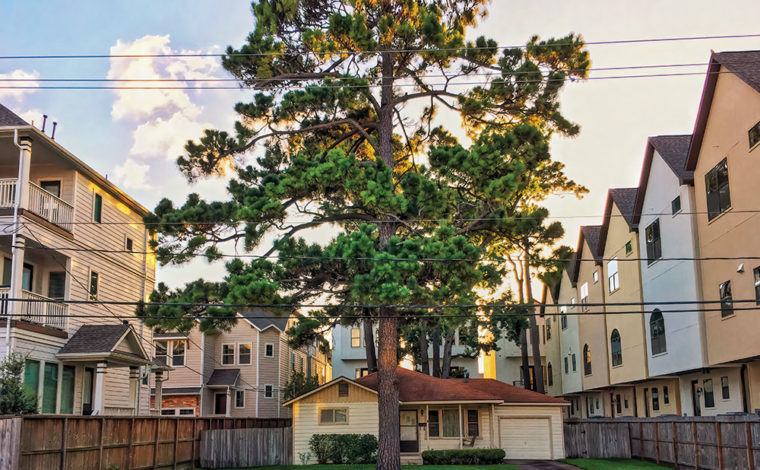 A lone single-family house sits among town houses on Beall Street in Houston. Photo by Adam Clay.
