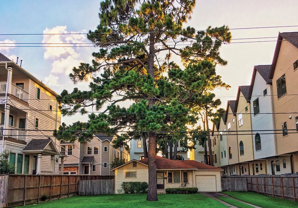 Planning January 2020 The 'Z' Word A lone single-family house sits among town houses on Beall Street in Houston. Photo by Adam Clay.